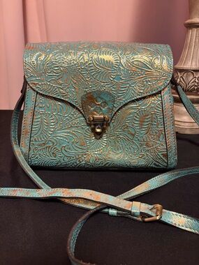 Patricia Nash Turquoise and gold Embossed Leather Crossbody Bag